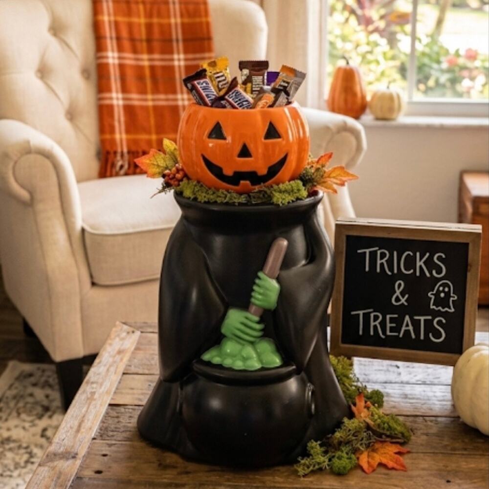 Halloween Witch Candy Bowl Stand Cauldron Treat Holder Decor